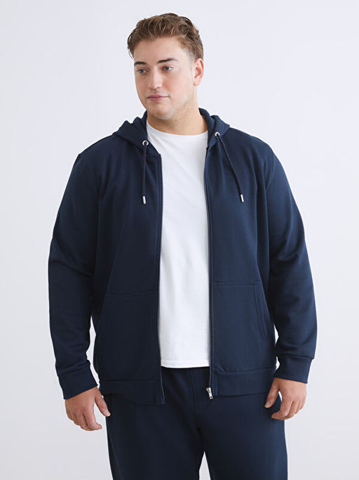 B?y?k Beden Kap??onlu Erkek Kal?n Fermuarl? Sweatshirt