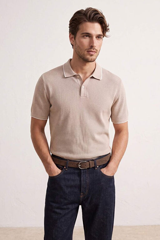 Bej Regular Jakarl_ Kuma_ Triko Bant Polo Yaka T-shirt TMNSS26PO00020 - Trendyolmilla фото 2