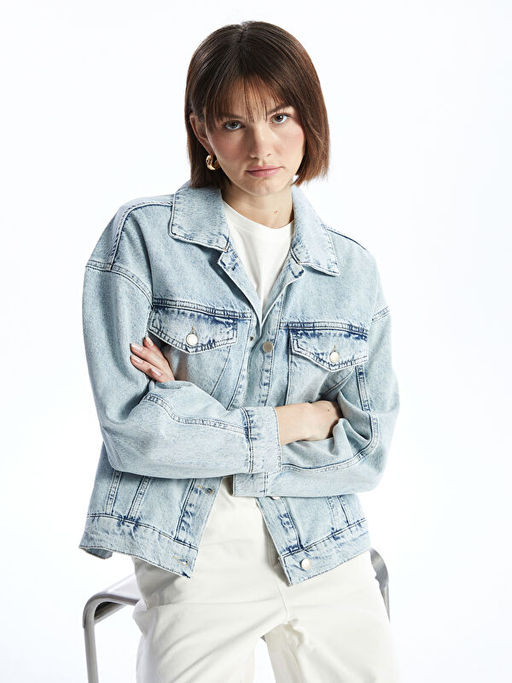 G?mlek Yaka Oversize Kad?n Jean Ceket