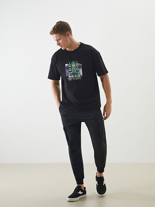 Bisiklet Yaka Bask?l? Penye Erkek Ti??rt