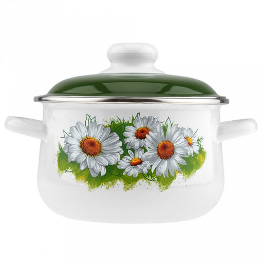 "Ромашки лето" Кастрюля эмалированная 2л, д17см, h12,5см, коническая форма, металлическая крышка, ободок из нержавеющей стали, белый (Россия)