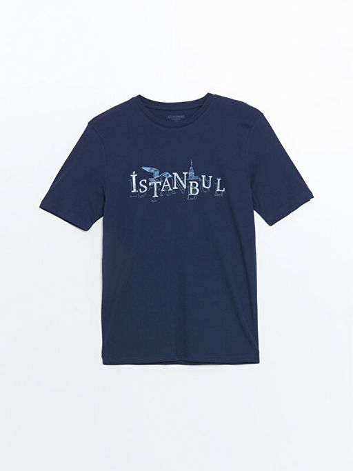 Bisiklet Yaka K?sa Kollu ?stanbul Bask?l? Penye Erkek Ti??rt