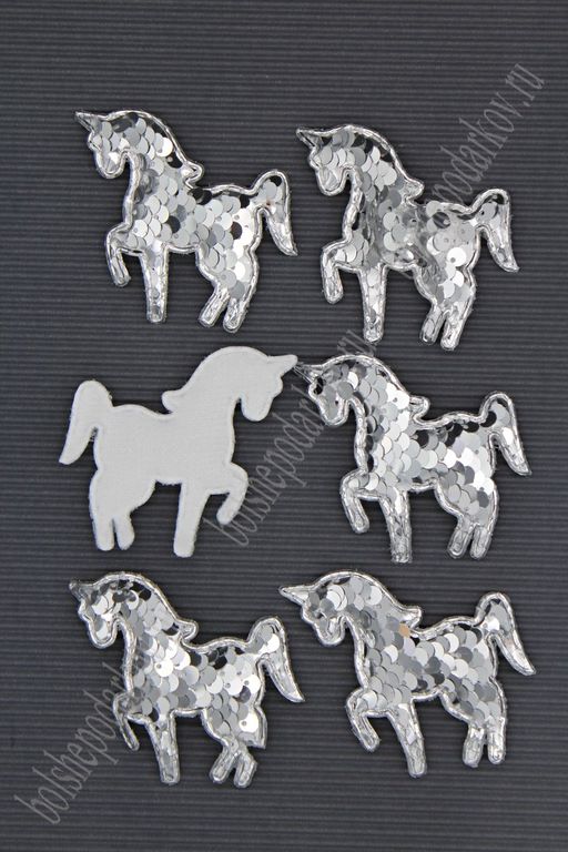 Патч 3D, с двухсторон. пайетками "Единорог" 6*5 см (10 шт) SF-1888, серебро