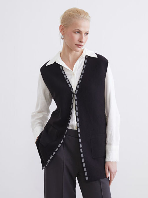 V Yaka Desenli Kad?n Triko Yelek