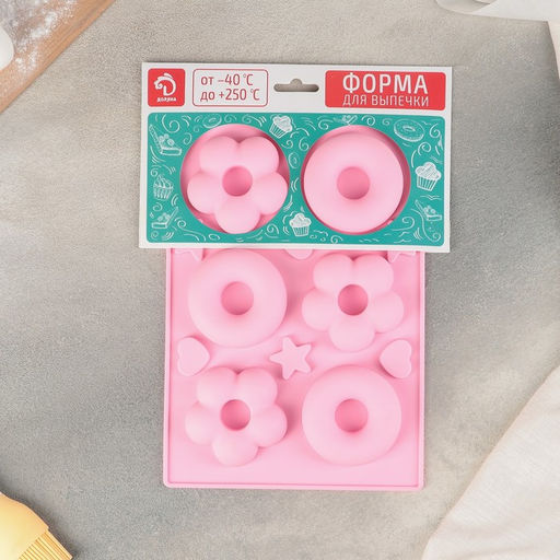 Форма для выпечки Доляна «Сладости. Пончик и Ромашка», силикон, 25.5×17.5 см, 6 ячеек, МИКС