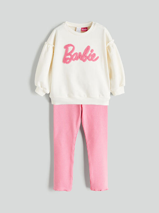 Bisiklet Yaka Barbie Bask?l? K?z Bebek Sweatshirt ve Tayt 2li Tak?m