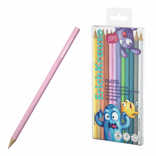 Цена за 10 шт. Цветные карандаши пластиковые ErichKrause Jolly Friends Pastel шестигранные, грифель 3 мм, 12 цветов (в ПЭТ-боксе 12 шт)