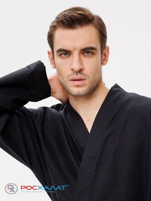 Мужской вафельный халат с планкой черный В-03 (27)