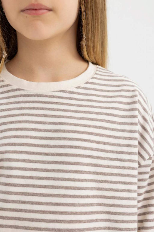 Полосатая футболка с длинными рукавами и круглым вырезом для девочек - Defacto фото 7