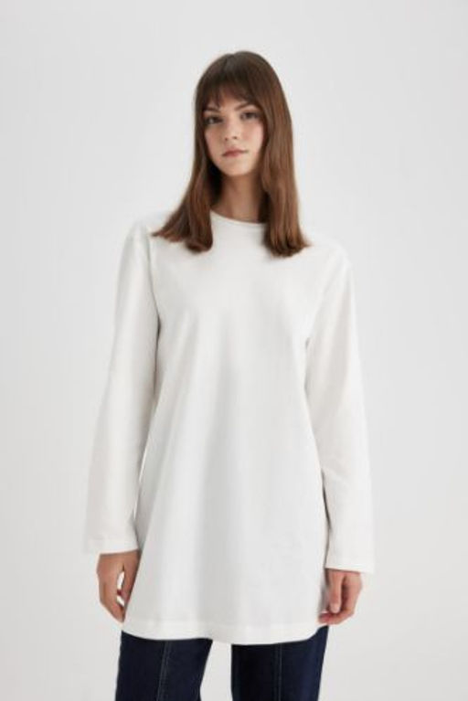 Regular Fit Bisiklet Yaka Basic Duz Uzun Kollu Tisort Tunik