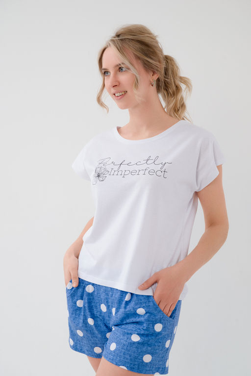 Пижама женская из футболки и шорт из кулирки Алиса горох синий - Амадэль фото 6