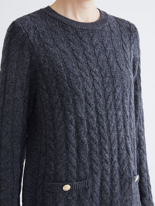 Bisiklet Yaka Kendinden Desenli Mini Triko Elbise