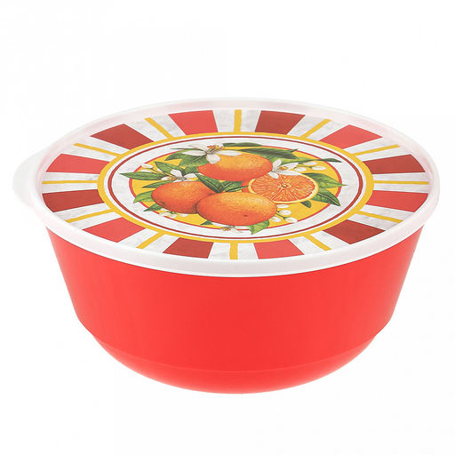 Миска пластмассовая "Bergamo" 2л, д21,2см, h10см, с крышкой, с декором "Сицилия", красный (Россия)