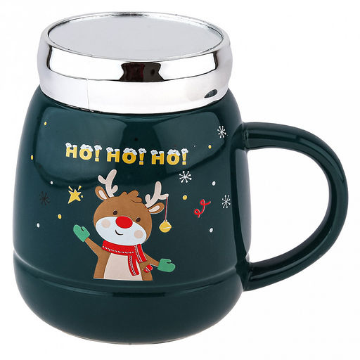 "Новый год" Кружка фарфоровая "Зазеркалье" 500мл, д9,8см h11,5см, глянцевая глазурь, с деколью, цвет - зеленый, пластмассовая, винтовая крышка, герметичная, с силиконовым уплотнителем, д/горла 6см, д/основания 7см, в подарочной коробке (Китай)