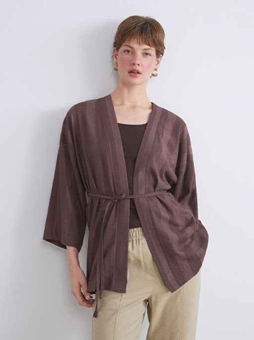 ?al Yaka ?izgili Oversize Kad?n Kimono