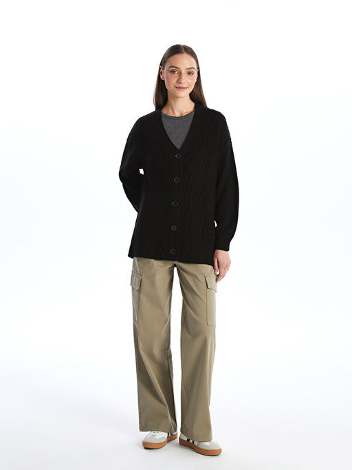 V Yaka Kendinden Desenli Uzun Kollu Kad?n Triko H?rka