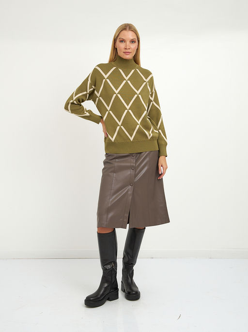 водолазка женская черная со спущенной линией плеча с белыми ромбами - Glenfield фото 2