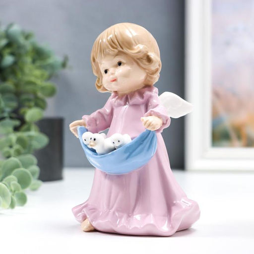 Фигурка керамика «Ангелочек в розовом платье, с цыплятами в подоле», 15 см