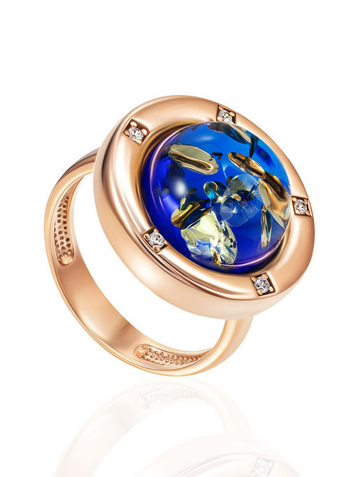 Оригинальное кольцо с ярко-синим янтарём Ампир