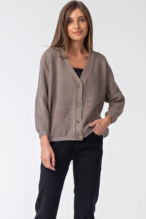 Джемпер вязаный оверсайз на пуговицах из хлопка меланж ореховый