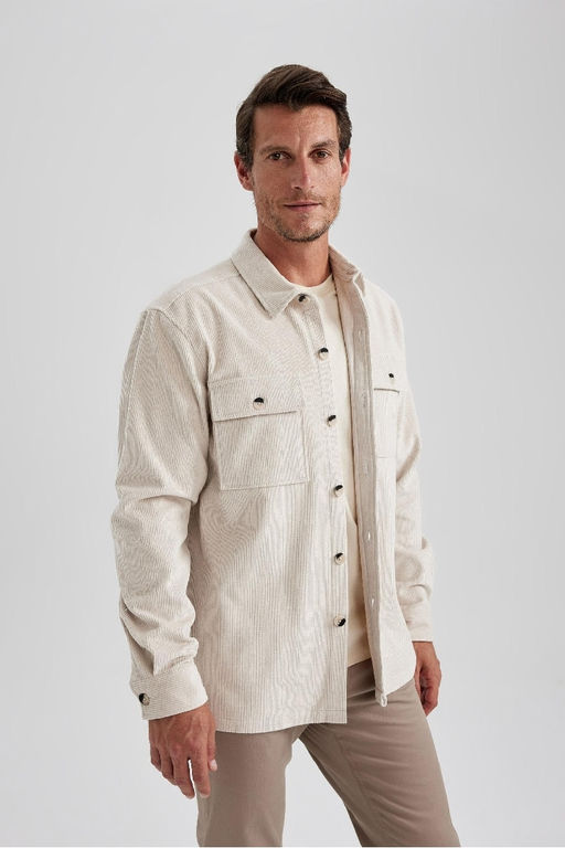 Вельветовая куртка-рубашка стандартного кроя с воротником-поло и длинными рукавами - Defacto фото 7