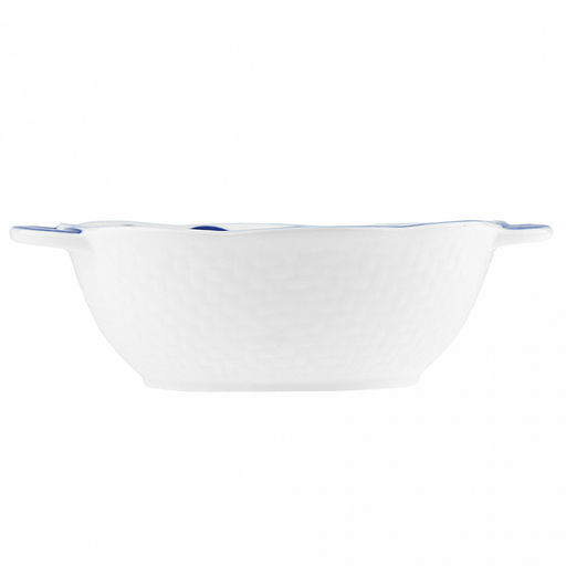 "Синий полосатик" Салатник фарфоровый 1,15л, д19,7см, h7,2см, 2 ручки (длина 23,7см), волнистый край, отводка, борт "плетенкка", белый (Китай)