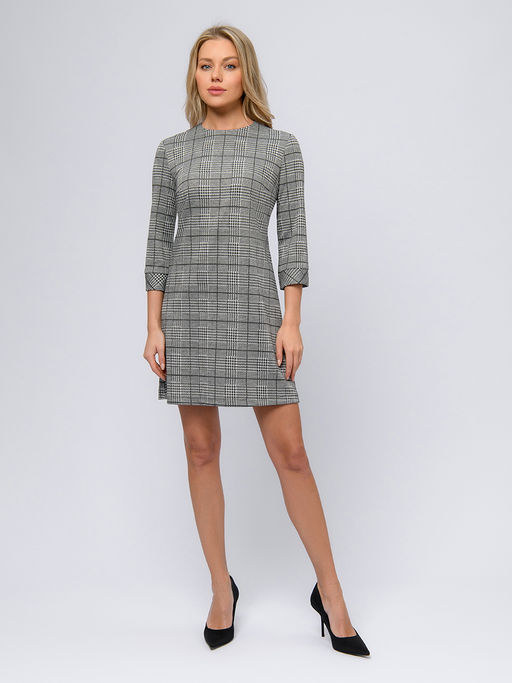 Платье серого цвета в клетку длины мини с рукавами 3/4 - 1001dress фото 2