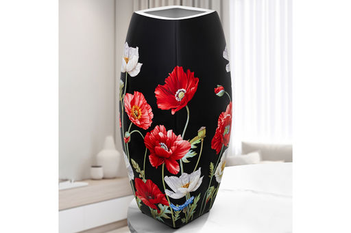 Ваза 3,15 л 12,5*12,5*30 см Маки на черном квадрат, NEW BONE CHINA