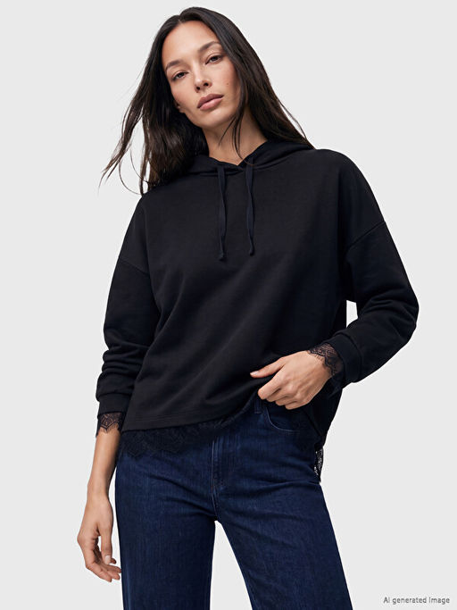 Dantel Detayl? Soft Touch Oversize Kad?n Hoodie