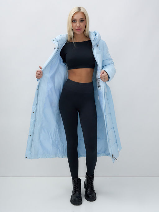 Пальто утепленное стеганное зимнее с капюшоном женское голубого цвета 9609Gl - Mtforce фото 15