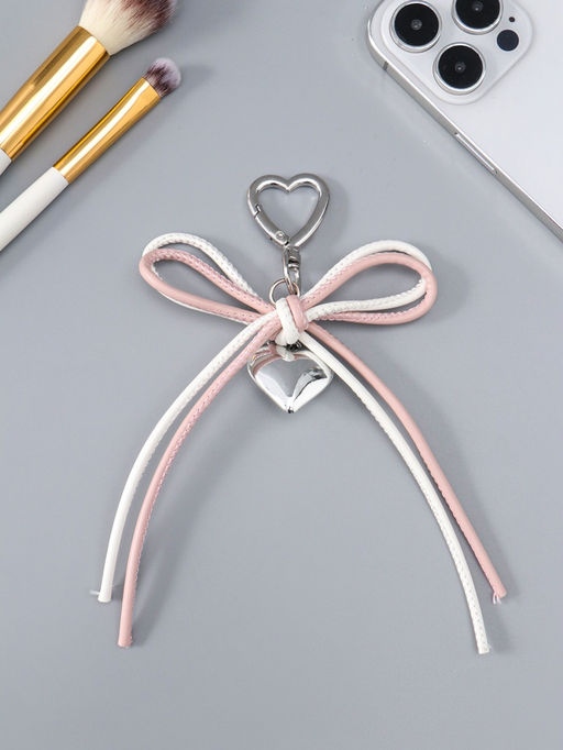 Брелок на карабине "Двойной бант с сердцем" бело-розовый 14х9х1,5 см