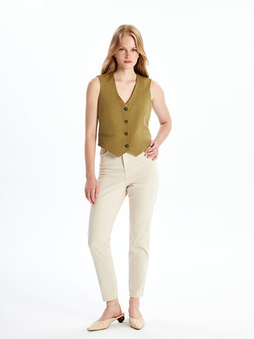 V Yaka D?z Keten Kar???ml? Kad?n Klasik Yelek