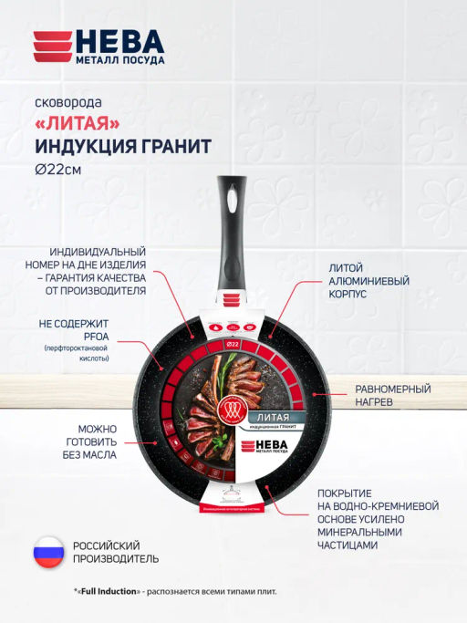 Сковорода литая Индукция Гранит, несъемная ручка, 22 см