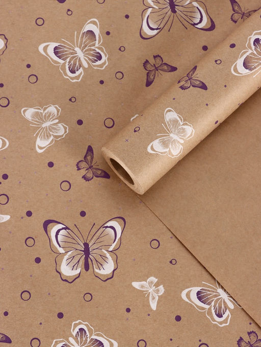 Бумага упаковочная крафт Бабочки, фиолетовый/белый, 0.72?105% м, 60 г