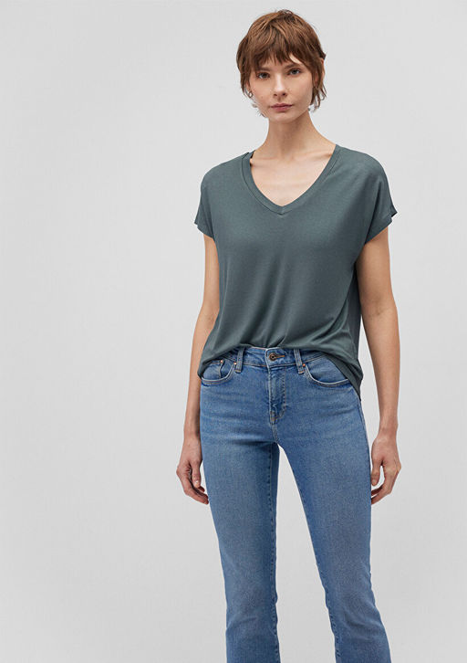 V Yaka Yesil Basic Viskoz Tisort - Mavi фото 2