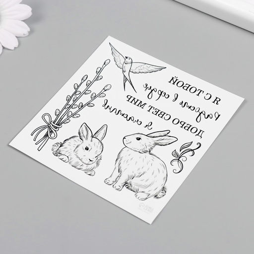 Цена за 3 шт. Переводные тату чёрные Кролики и верба, временные татуировки, 10?10 см - Арт узор фото 5