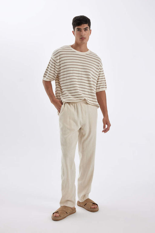 Relax Fit Rahat Kesim Dar Paca Keten Kar?s?ml? Yazl?k Pantolon - Defacto фото 2