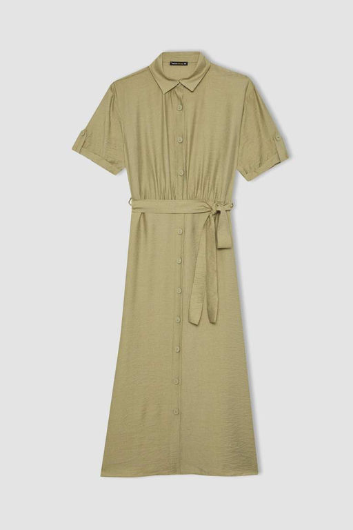 Льняное платье-миди с рубашечным воротником и поясом с короткими рукавами - Defacto фото 6