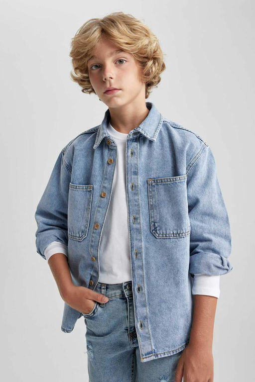 Джинсовая рубашка оверсайз с длинными рукавами для мальчика - Defacto фото 8