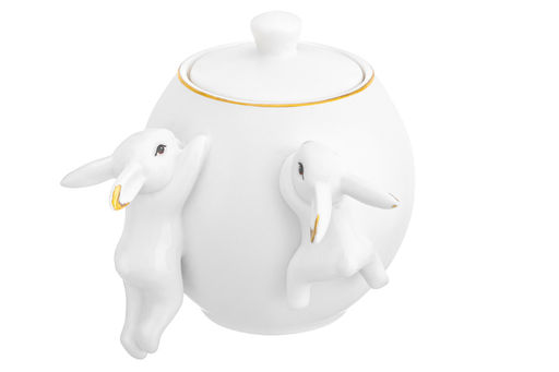 Сахарница с крышкой 650 мл 15,5*11,7*13 см "Кролики" белая с золотом