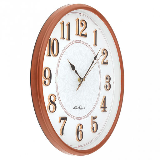 Часы настенные Пава д37,5см, h5,5см, мягкий ход, циферблат Перо белый/перламутровый; цифры арабские, черный с обводкой медного цвета; корпус пластик, светло-коричневый под дерево; в коробке (Китай) - Домашняя мода фото 2