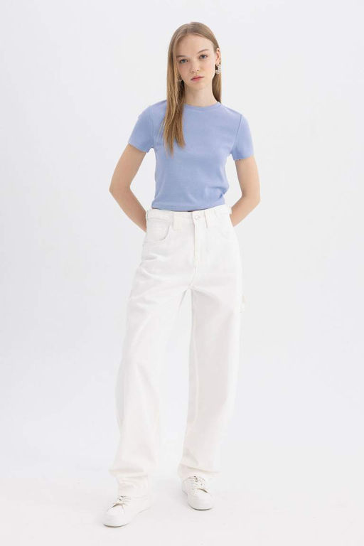 Базовая футболка классного кроя в рубчик с короткими рукавами - Defacto фото 2