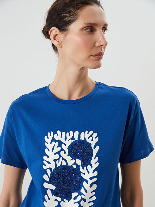 Bisiklet Yaka Bask?l? Kad?n Ti??rt