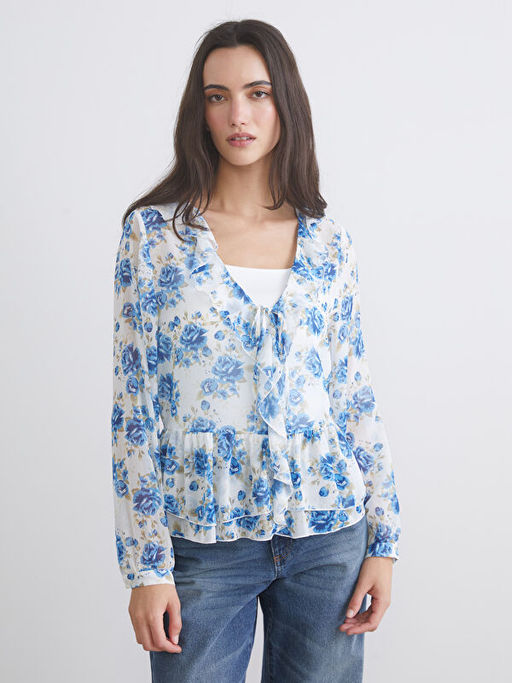 V Yaka ?i?ekli F?rf?rl? ?ifon Bluz