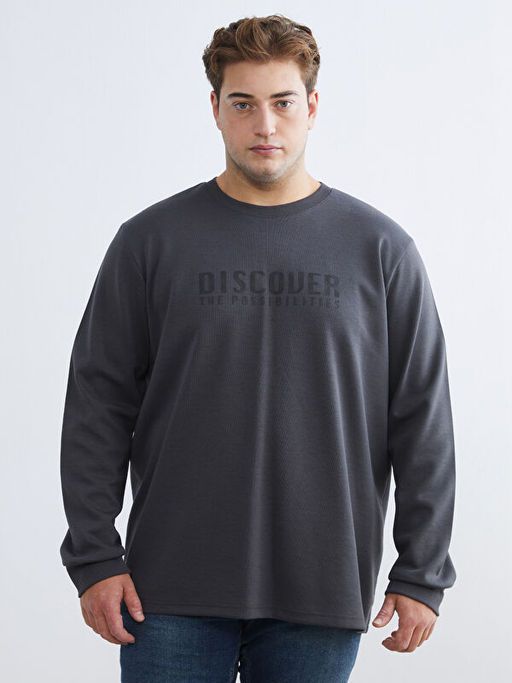 B?y?k Beden Bisiklet Yaka Bask?l? Erkek Sweatshirt