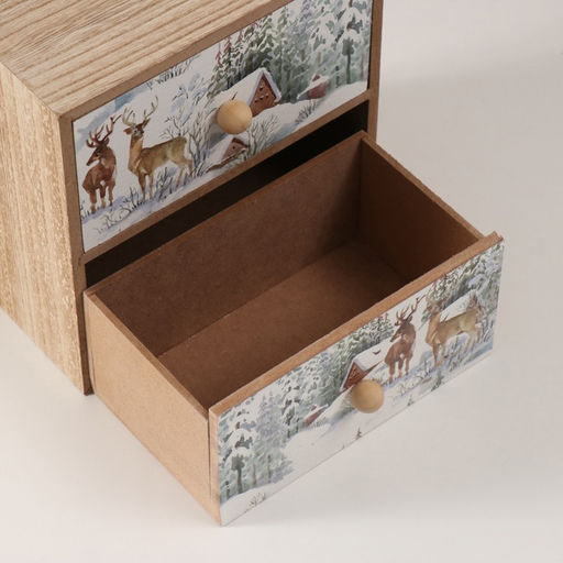 Шкатулка для чая 2 ящика Олени у заснеженного домика, дерево, 10.2?17.2?17.6 см