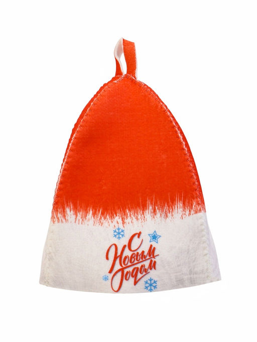 Набор для бани с принтом С новым годом!, 5 предметов: шапка, рукавица, тапочки, коврик, войлок, красный, Банная забава  фото 3