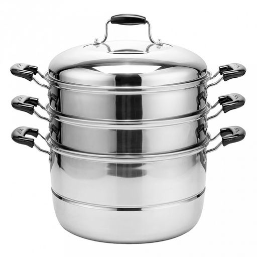 Мантоварка из нержавеющей стали "Kelli" д26см, трехуровневая, утолщенные стенки и дно, зеркальная полировка, ненагревающиеся бакелитовые ручки, стеклянная крышка (Китай)