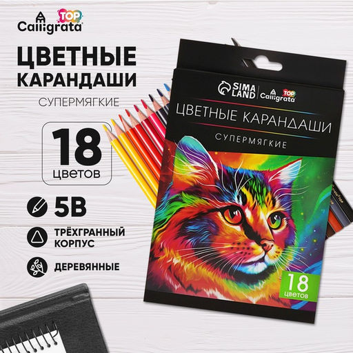 Карандаши Calligrata, цветные, 18 цветов, супермягкие, диаметр грифеля - 3 мм, 5B