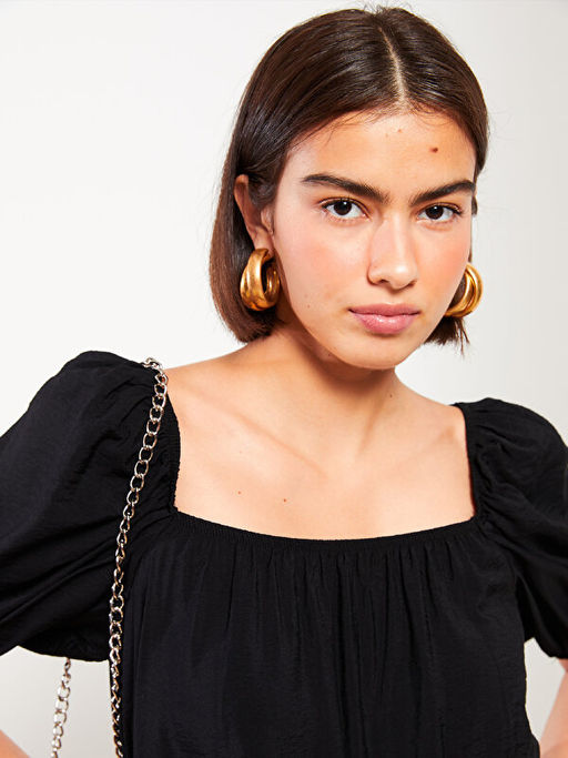 Kare Yaka D?z Balon Kollu Elbise